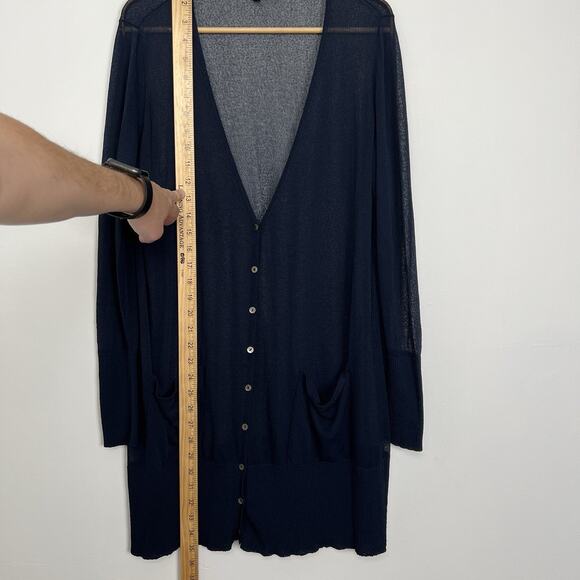 EILEEN FISHER Cardigan L Viscose Crepe Sheer Tunic Button Up Long Sleeve Navy - Picture 4 of 9